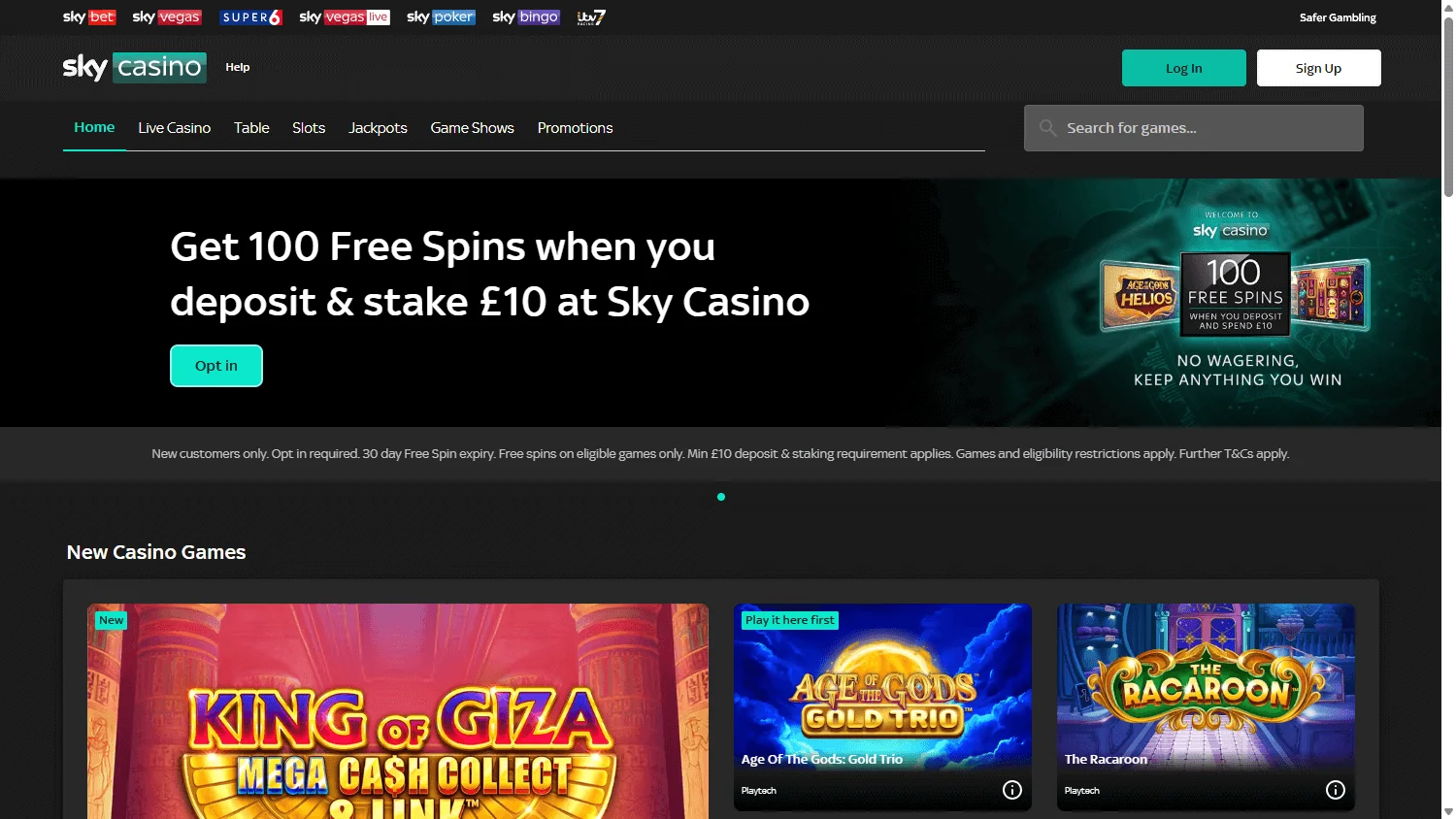 Sky Casino desktop home screen