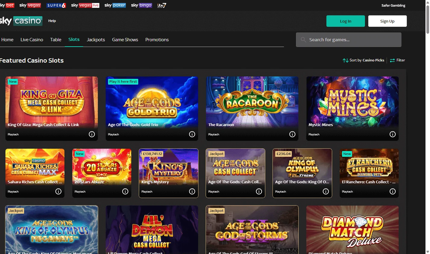 Sky Casino desktop games screen